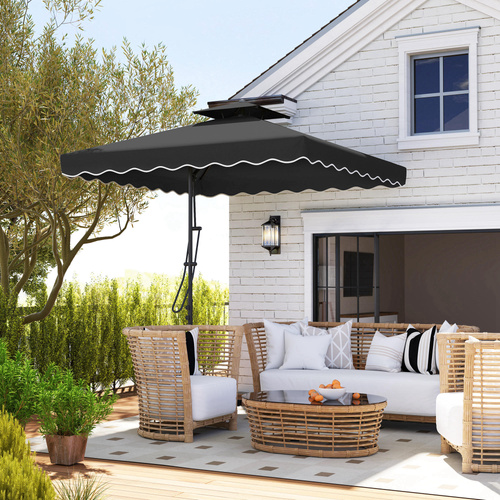 Outsunny 2.5m Cantilever Parasol with Easy Lever, Square Double Top Garden Parasol Umbrella with Ruffles and Cross Base, Overhanging Outdoor Sun Shades, Black