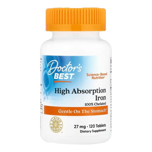 Doctor's Best Żelazo Wysoko Przyswajalne 27mg Łagodne dla Żołądka 120 Tabletek