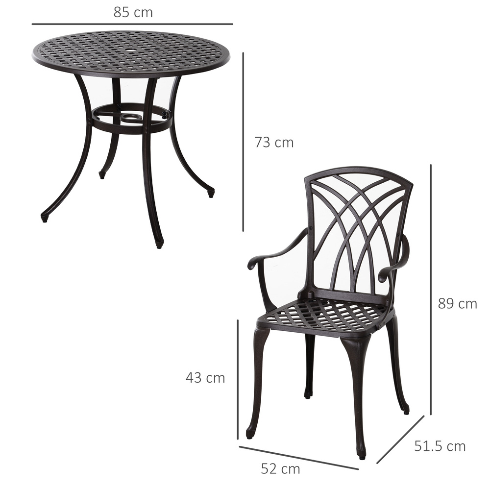 Outsunny 5 Pieces Garden Dining Set for 4, Cast Aluminium Outdoor Dining Set with 4 Armchairs and Round Dining Table with Parasol Hole, Garden Furniture Set, Brown
