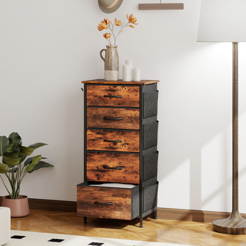 HOMCOM Chest of Five Fabric Drawers - Rustic Brown