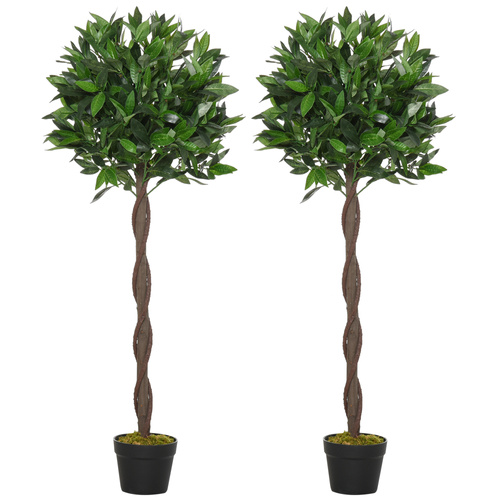 Outsunny Artificial Bay Laurel Topiary Trees w/ Pot Fake, Set Of 2 120cm/4FT Indoor Greenery Plant Home Office Garden Decor Green