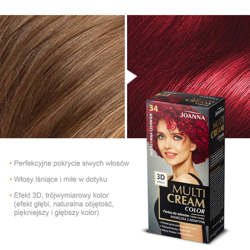 Joanna Multi Cream Trwały Intensywny Kolor Włosów Farba Pielęgnująca 34 Intensywna Czerwień 60x40x20g