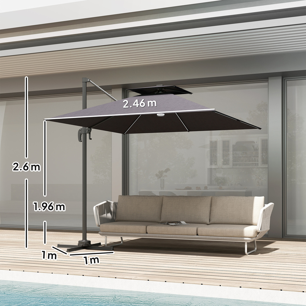 Outsunny 2.5m Cantilever Parasol with Solar Powered LED Lights, 360° Rotation, Tilt Adjustment, Crank Handle, Dark Grey