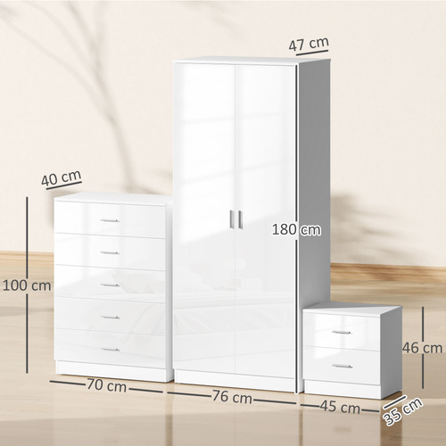 HOMCOM High Gloss 3 Piece Trio Bedroom Furniture Set Wardrobe + Chest Of Drawer + Bedside White