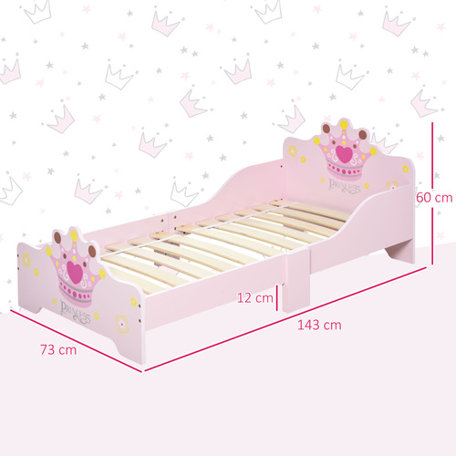 HOMCOM Kids Toddler Bed Princess Crown Theme Safety Side Rails Slats Home Bedroom Furniture Boys Girls 3-6 Years Pink 143 x 73 x 60 cm