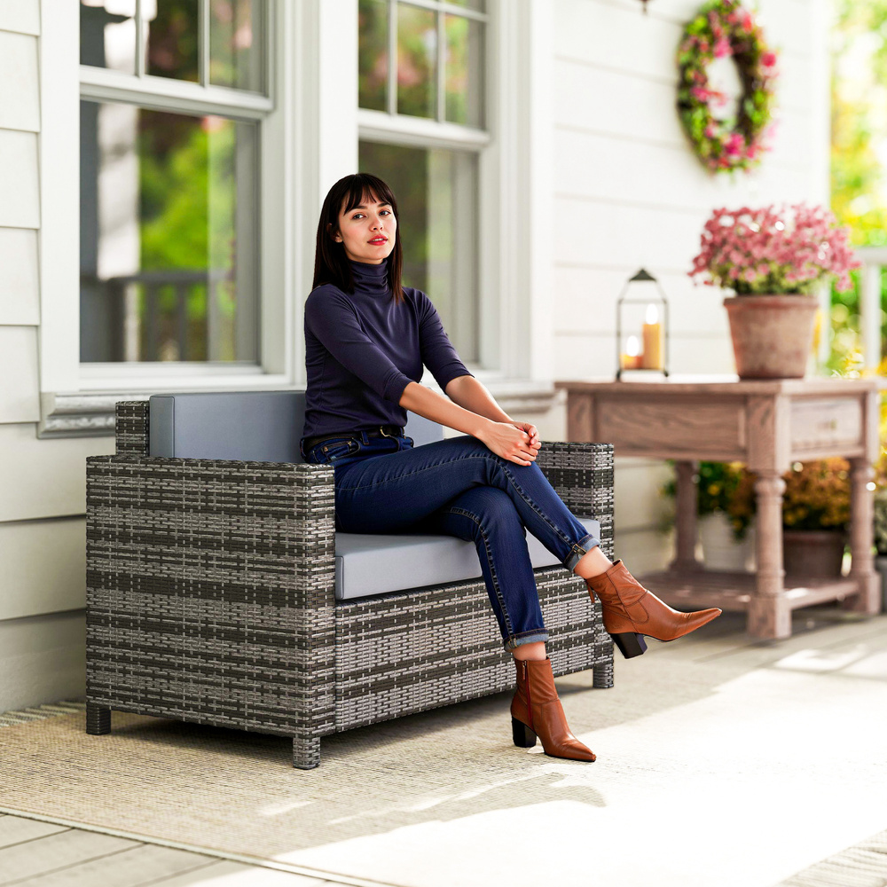 Outsunny Rattan Sofa, 2 Seater Garden Furniture with Soft Padded Cushion and Armrests, Wicker Garden Loveseat for Patio, Mixed Grey