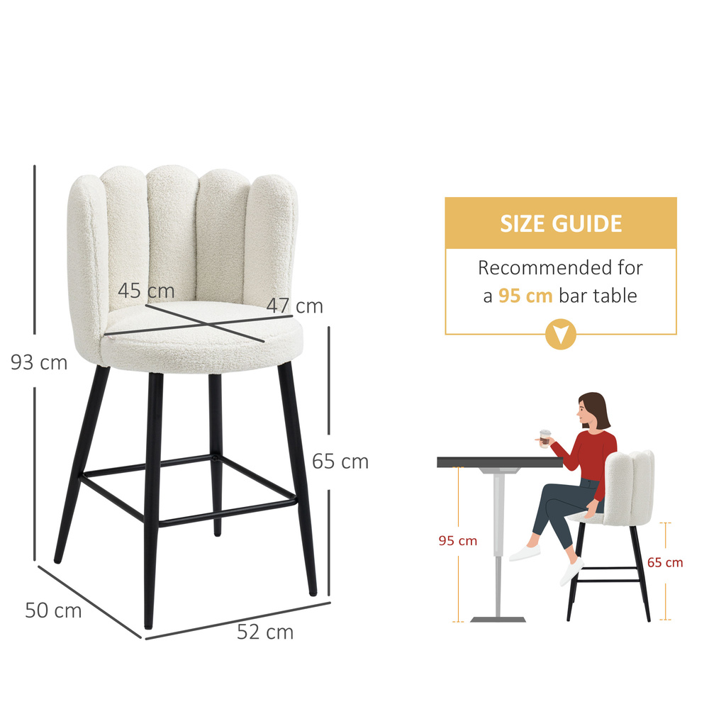 HOMCOM Bar Stools Set of 2, Modern Boucle Upholstered Shell Barstools, Breakfast Bar Chairs with Backrest, Footrest and Steel Base for Kitchen Counter, Cream