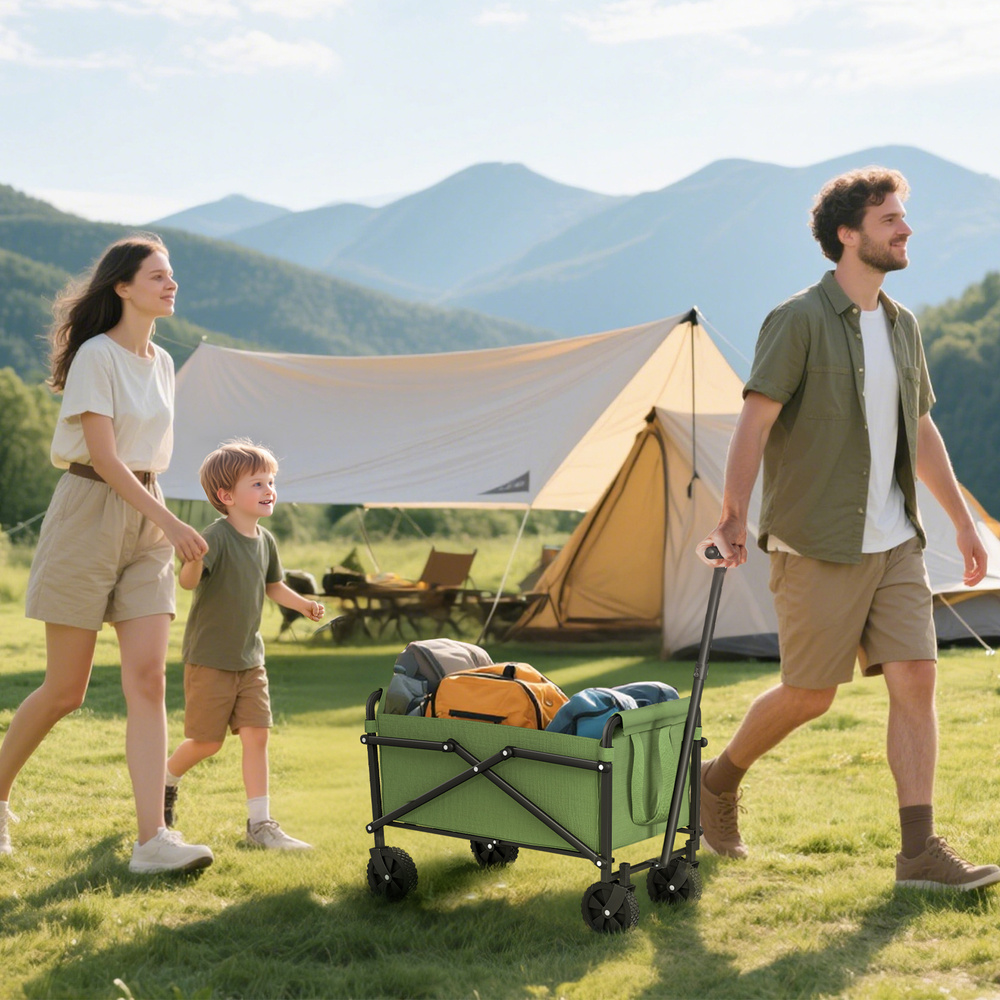 Outsunny 41L Festival Trolley on Wheels, Compact Garden Folding Trolley Cart, 60kg Heavy Duty Collapsible Foldable Wagon with Adjustable Handle and Carrying Bag for Beach, Camping, Festival, Green