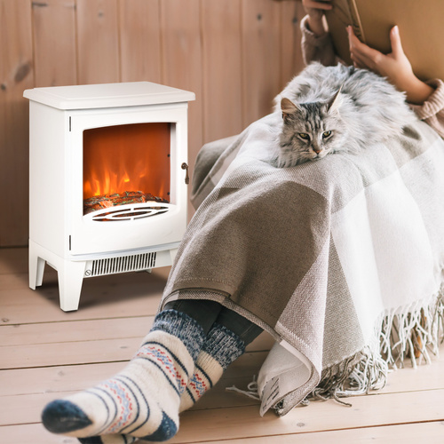 HOMCOM Electric Fireplace Stove, Free standing Fireplace Heater with Realistic LED Flame Effect and Adjustable Brightness, Overheat Safety Protection, 900W/1800W, White