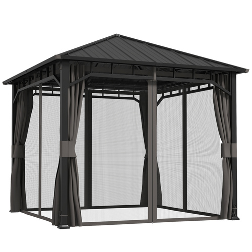Outsunny 3 x 3(m) Hardtop Gazebo with Galvanised Steel Roof, Waterproof Permanent Pavilion Garden Gazebo with Netting and Curtains for Patio, Deck