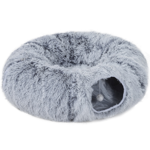 PawHut 2-in-1 Donut Cat Tunnel with Washable Bed, Play Tunnel Bed with Toy Ball and Door Hole for Indoor Cats, Light Grey
