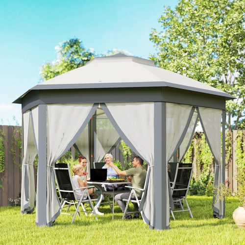 Outsunny 3 x 4m Metal Frame Hexagon Gazebo, with Curtains - Grey
