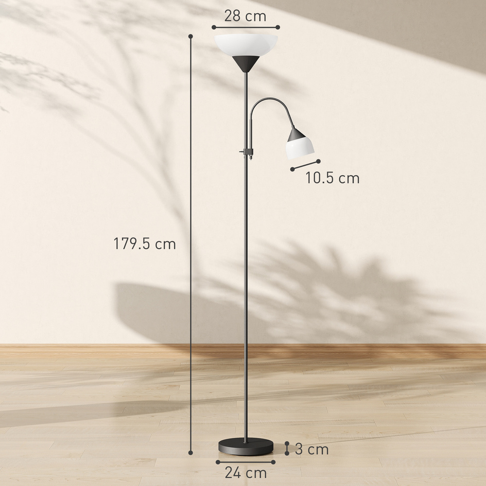 HOMCOM LED Floor Lamp for Living Room, 180cm Tall Standing Lamp, Mother and Child Uplighter with Adjustable Gooseneck, Black