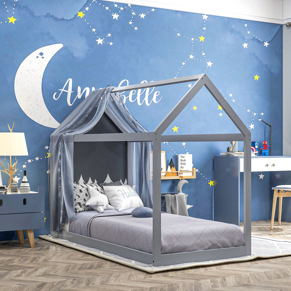 HOMCOM Single Bed Frame, House Scandinavian Style Wooden Bed Frame for 90W x 190Dcm Mattress, Pine Wood Bed Base, Grey