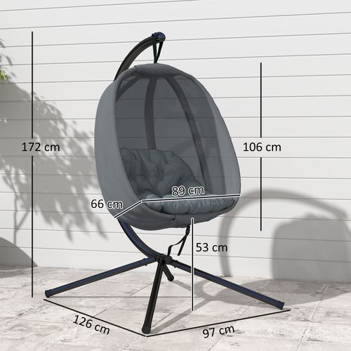 Outsunny Hanging Egg Chair, Folding Texteline Swing Hammock with Side Pocket, Cushion and Stand for Indoor Outdoor, Patio Garden Furniture, Grey