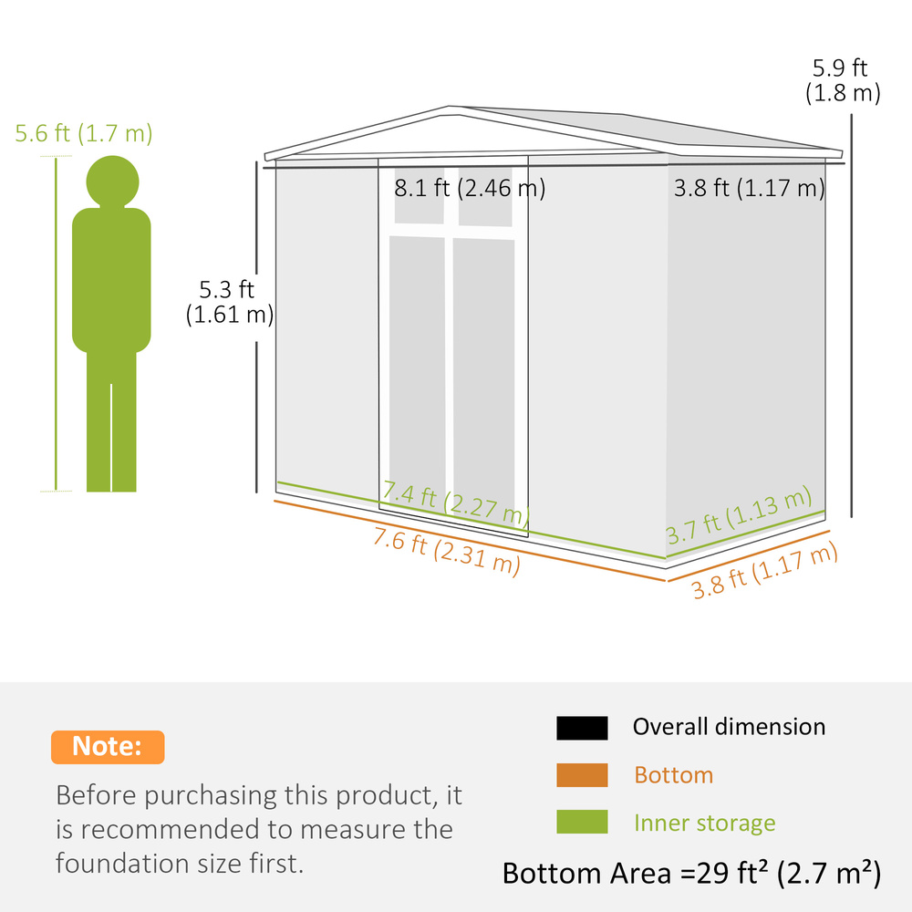 Outsunny 8 x 4 ft Metal Garden Shed, Garden Storage Shed with Window, 4 Vents and Lockable Door, Waterproof Galvanised Steel Tool Storage Cabinet, Dark Grey