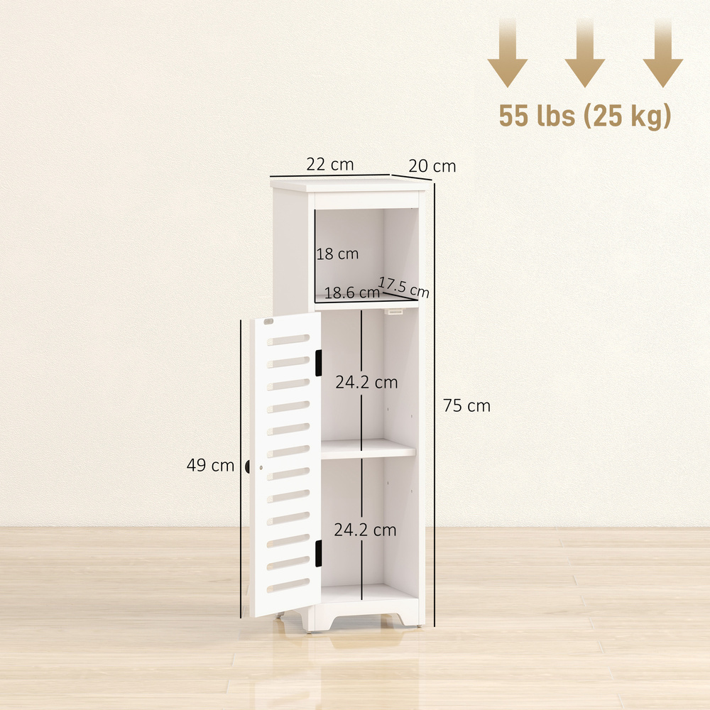 HOMCOM Bathroom Floor Cabinet, Bathroom Storage Unit with Louvered Door, Open Shelf, Adjustable Shelf, White, 22 x 20 x 75 cm