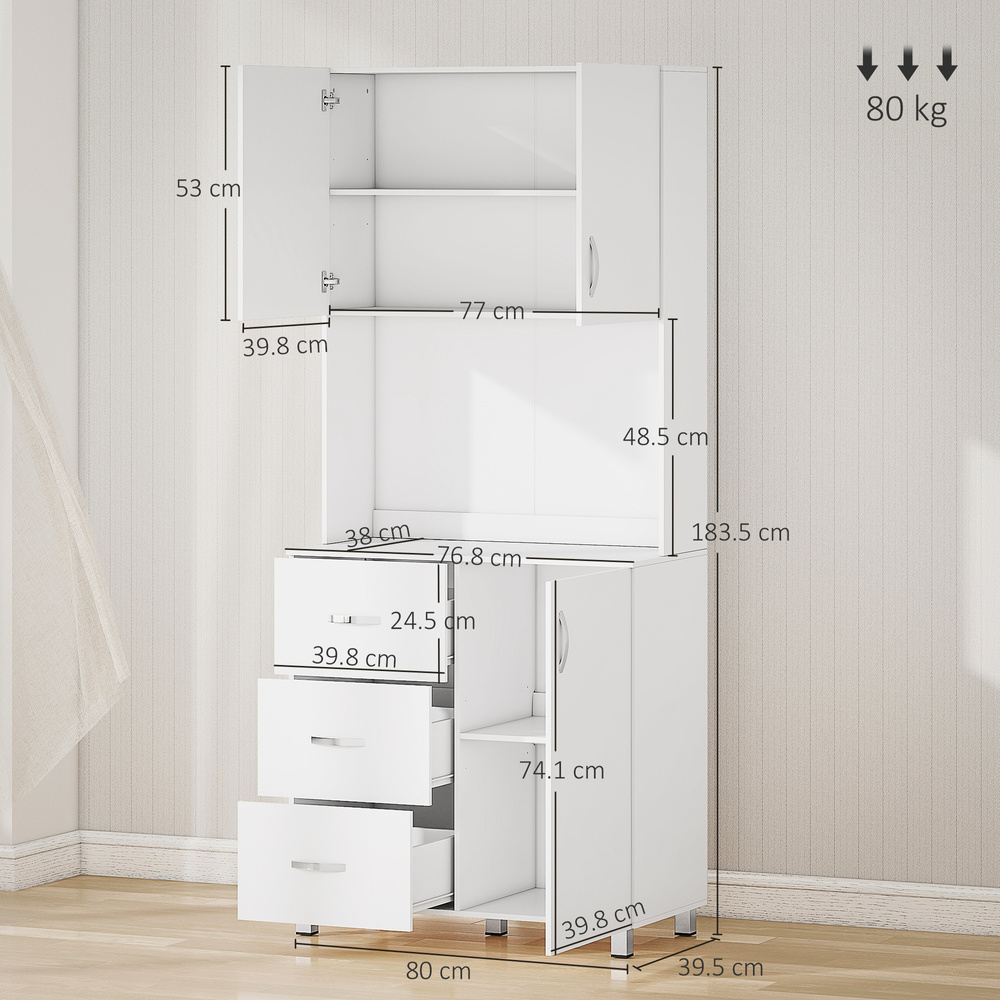 HOMCOM 183.5cm Free standing Kitchen Cupboard, Storage Cabinet with Doors and Sheleves, 3 drawers and Open Space, Adjustable Height Storage Unit, White