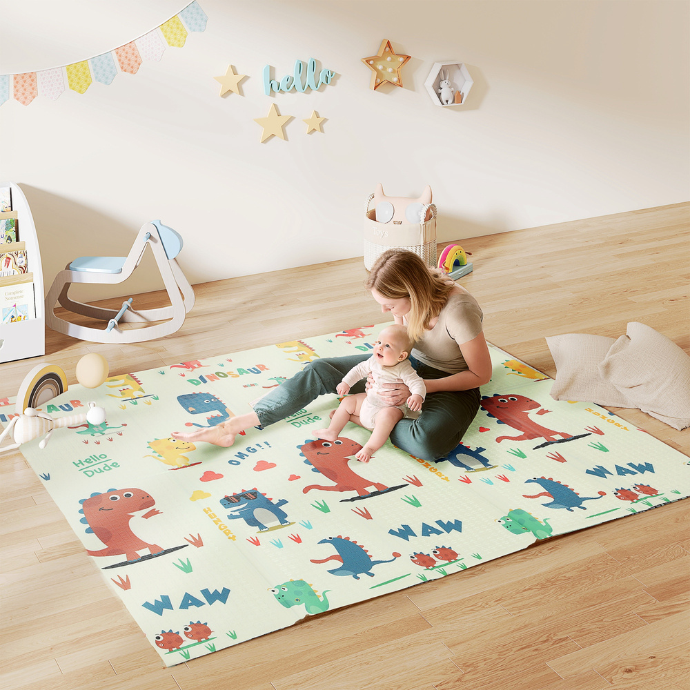 AIYAPLAY Baby Play Mat, Double Sideded Foldable Kids Crawling Mat, Reversible & Waterproof, Dinosaur