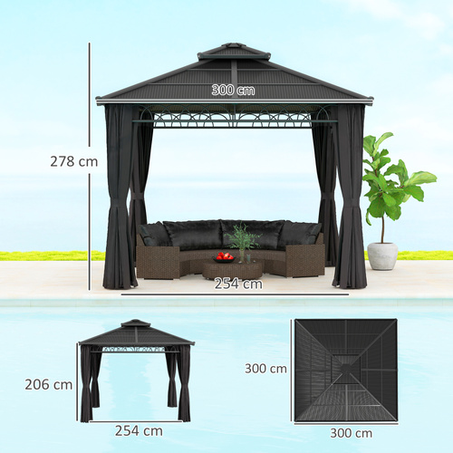 Outsunny 3 x 3 (m) Outdoor Polycarbonate Gazebo, Double Roof Hard Top Gazebo with Galvanised Steel Frame, Nettings & Curtains for Garden, Lawn, Patio and Deck, Dark Grey