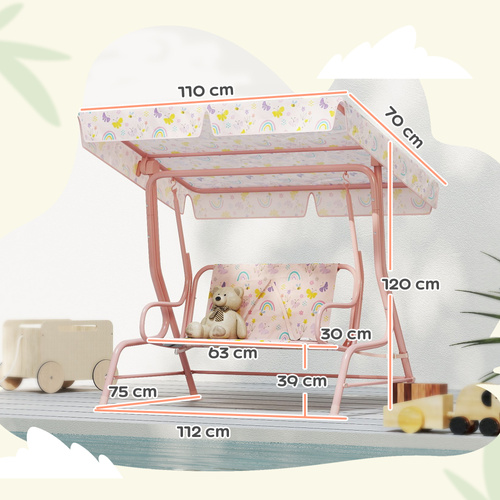 AIYAPLAY Kids Garden Swing Chair with Adjustable Canopy, Safety Belt, 2 Seater Hammock Swing Bench for Patio, Porch, Pink