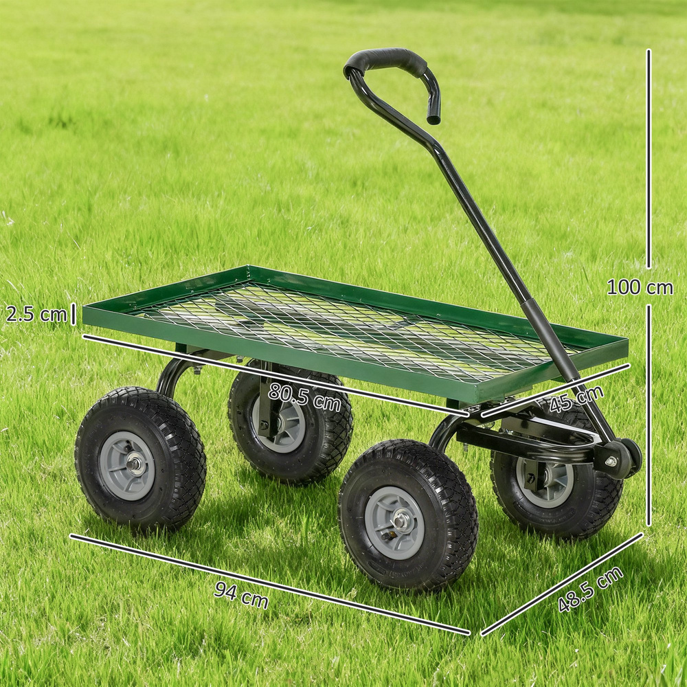 Outsunny Garden Trolley Cart, Heavy Duty Garden Cart with Metal Frame, 10" Pneumatic Wheels, Rotating Handle, 150kg Capacity, for Garden, Farm, Green