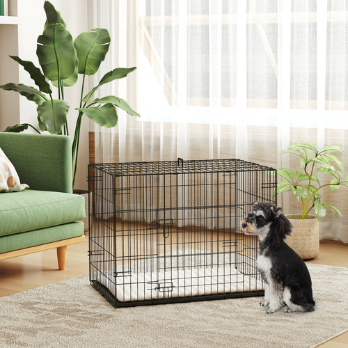 PawHut Foldable Dog Crate with 2 Doors with Tray, Soft Cushion, for Small Dogs, 75 x 49 x 53 cm, Black