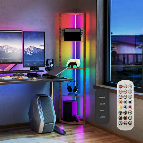 HOMCOM RGB Standing Lamp with Shelves, 4-Tier LED Floor Lamp with Multiple Lighting Modes, Rustic Brown