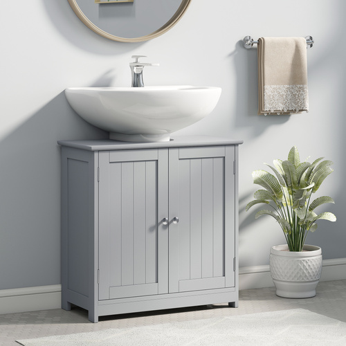 kleankin Under Sink Bathroom Cabinet, Freestanding Under Sink Cabinet with 2 Doors and Adjustable Shelf for Basin without or with Pedestal, Grey
