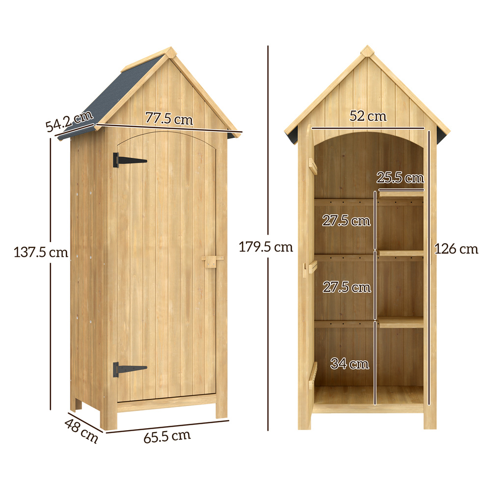 Outsunny Wooden Garden Storage Shed with 3 Shelves, Outdoor Tool Storage Cabinet with Tilt Roof and Lockable Door, 77.5 x 54.2 x 179.5 cm, Natural