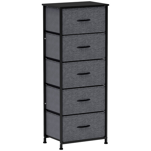 HOMCOM Fabric Chest of Drawers, Industrial Bedroom Dresser with 5 Fabric Drawers, Steel Frame and Wooden Top for Nursery, Living Room, Hallway, Dark Grey