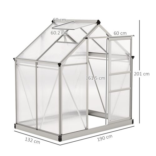 Outsunny Polycarbonate Greenhouse, Large Walk-In Green House with Slide Door and Window, Aluminium Frame, 6x4ft, Silver Tone