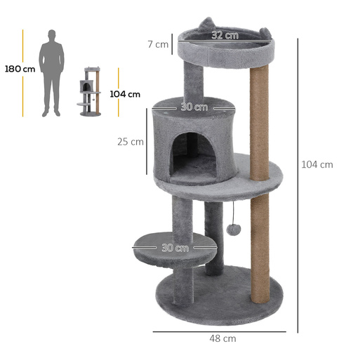 PawHut 104 cm Cat Tree, Cat Condo Tree Tower, Cat Activity Centre with Scratching Posts, Plush Perches, Hanging Ball - Grey