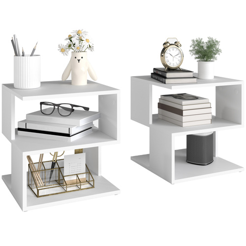 HOMCOM Set of 2 Side Table, Square Coffee Table, Modern End Table with 2 Tier Storage Shelves for Living Room, Bedroom, White