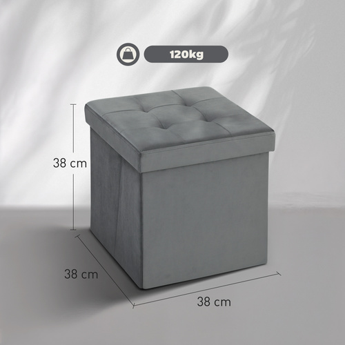 HOMCOM Foldable Velvet-Feel Storage Ottoman - Grey
