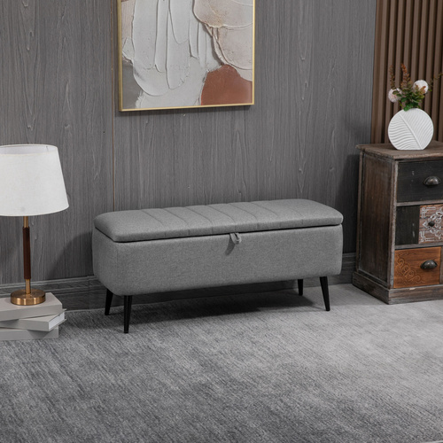 HOMCOM Storage Ottoman with Flip Top, Rectangular Upholstered Bench, Linen Look Fabric Footstool, Grey