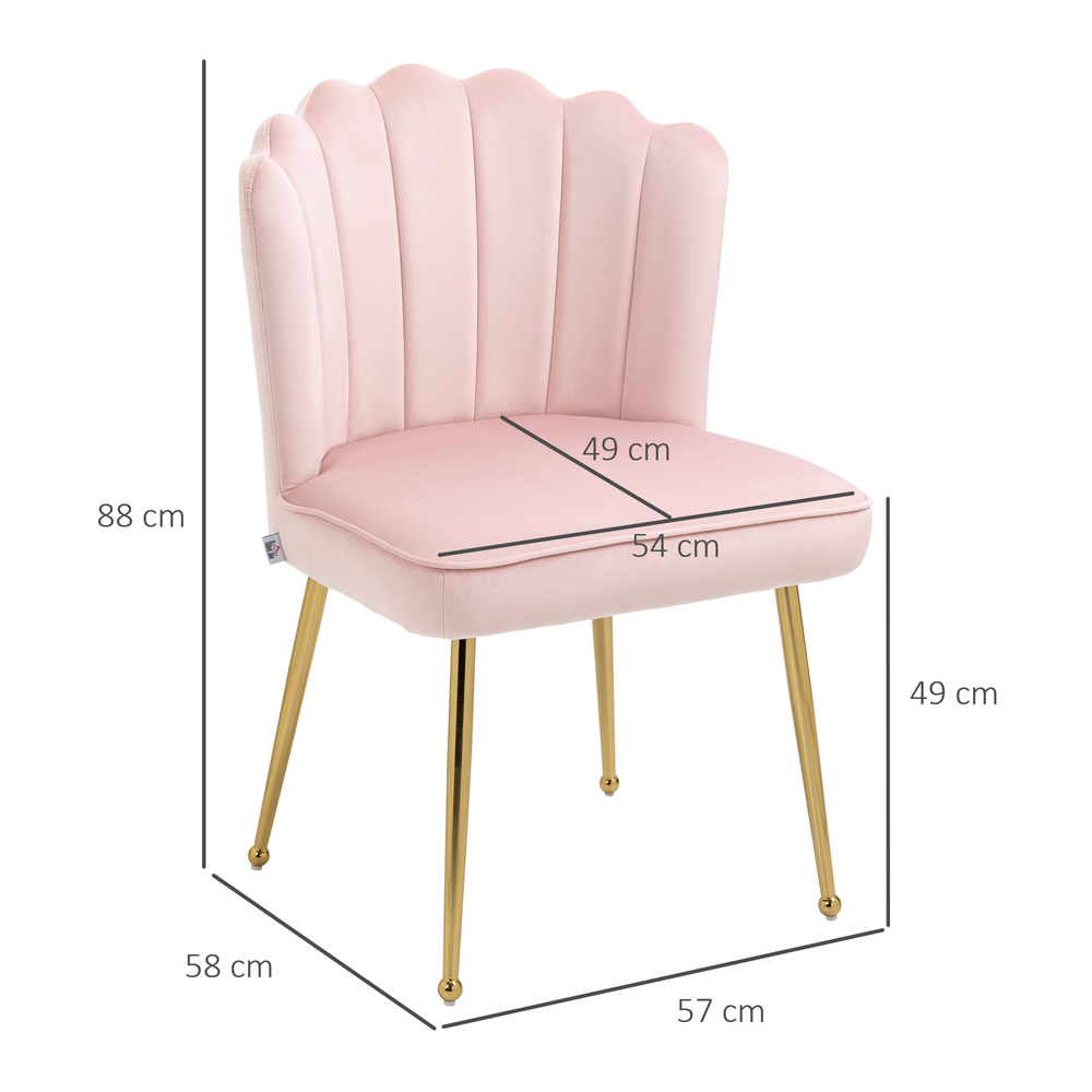 HOMCOM Shell Dining Chairs Set of 2, Upholstered Kitchen Chairs with Gold Metal Legs and Backrest, Velvet Fabric Lounge Leisure Chairs for Living Room, Reception Room, Pink
