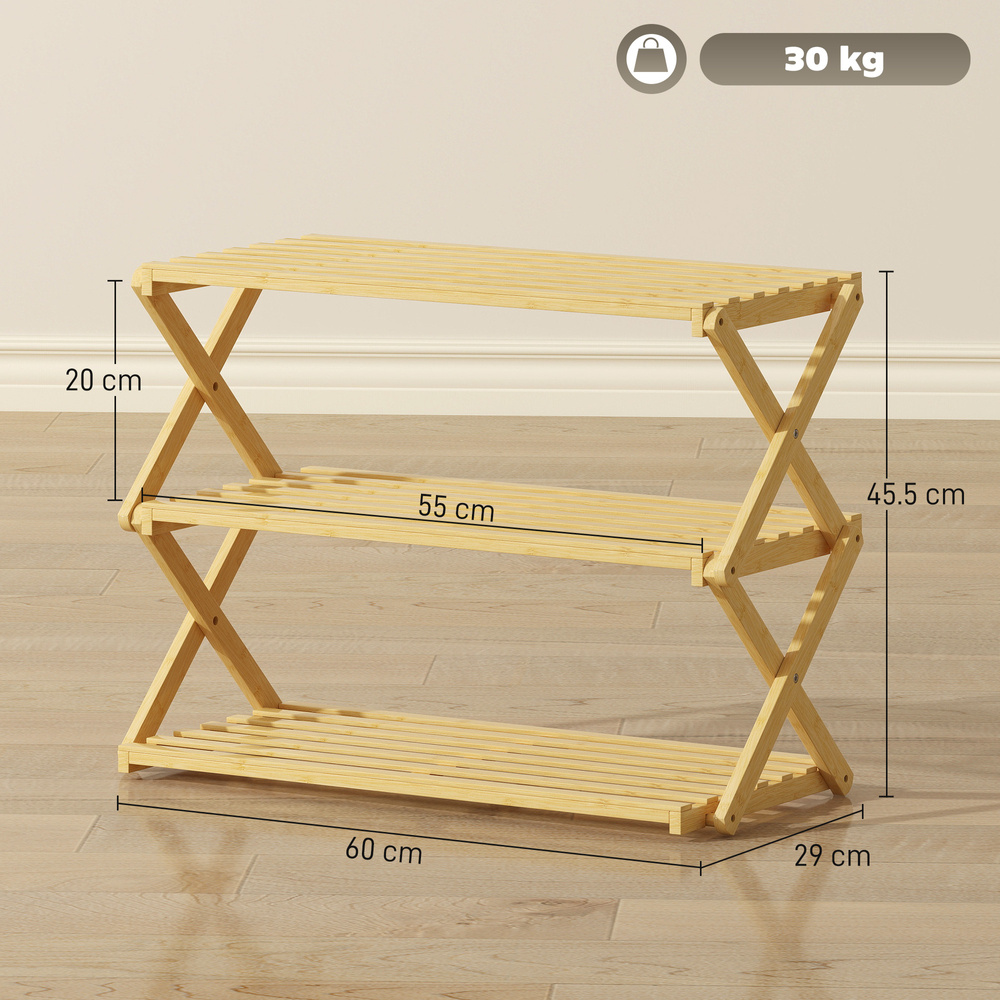 HOMCOM Three-Tier Folding Bamboo Shoe Rack - Natural Finish