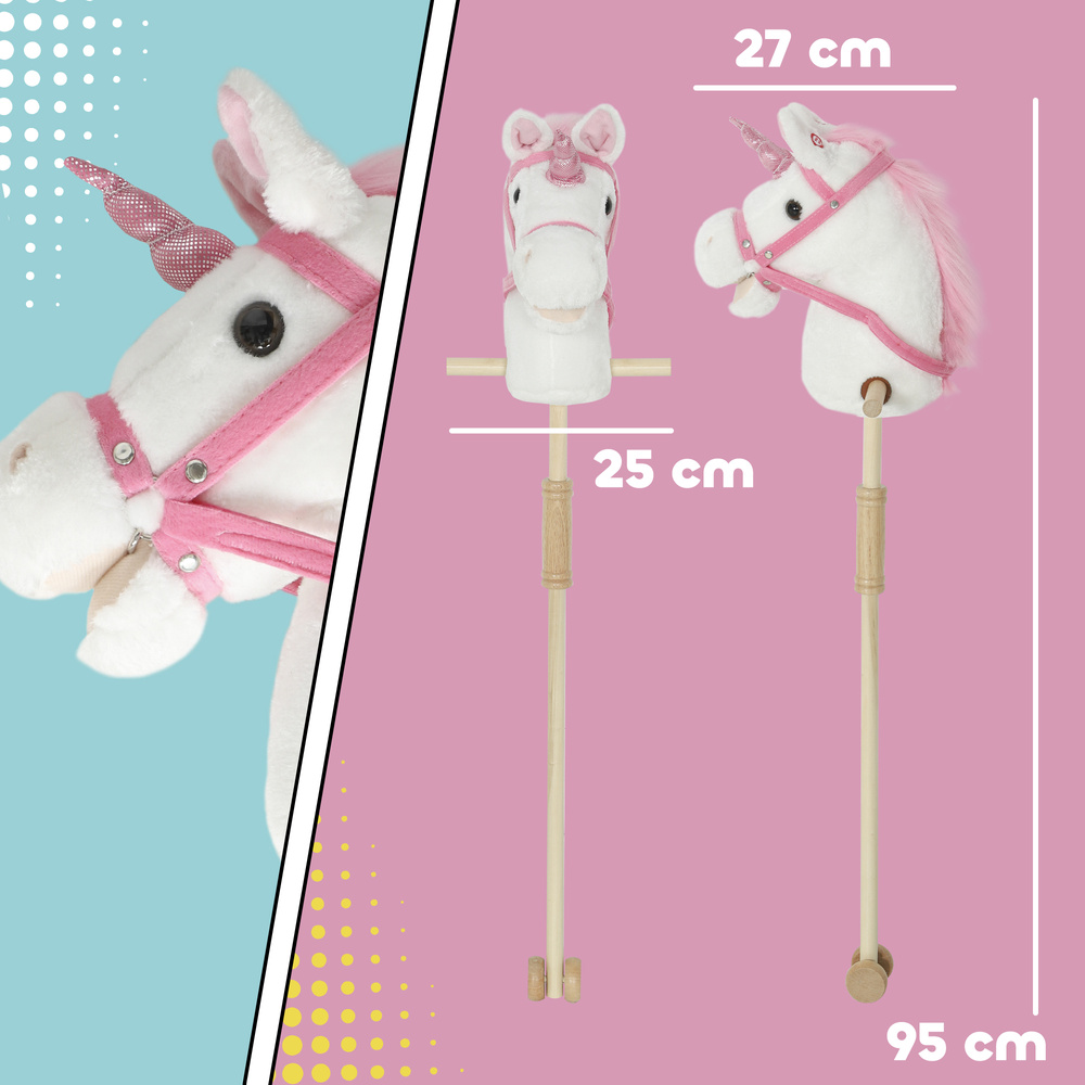 AIYAPLAY Unicorn Stick Horse with Wood Wheels, Real Pony Neighing and Galloping Sounds, Grip Handle, 95 cm, White