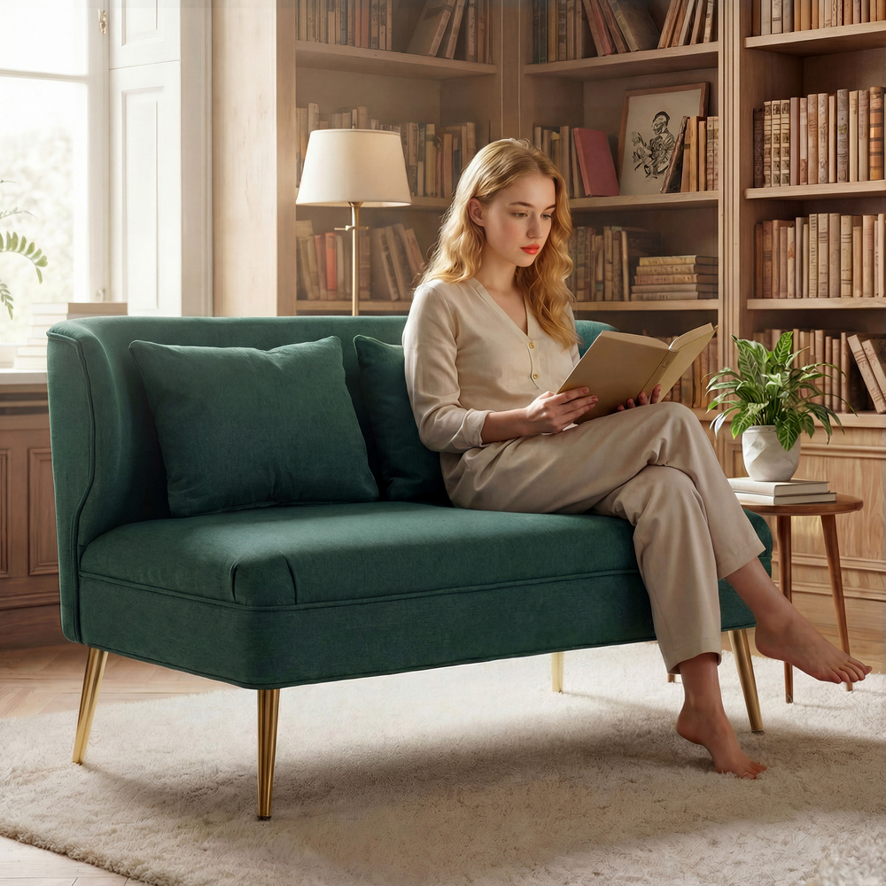 HOMCOM 2 Seater Sofa, Linen-look Fabric Small Sofa with Wing Back, Thick Seat, Metal Legs, Dark Green