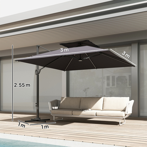 Outsunny 3.5x3 m Garden Cantilever Parasol with Solar LED Lights and Centre Light, Aluminium Large Square Patio Umbrella, UPF50+ Hanging Sun Shade with Cross Base, Crank Handle and Tilt, Grey
