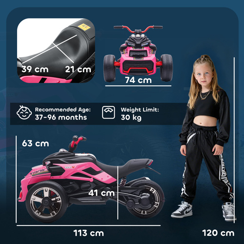 AIYAPLAY 12V Kids Electric Ride On Car with 3 Wheeler, MP3 Player, Horn, 2 Speeds, LED Lights for Boys & Girls Ages 3-8, Pink