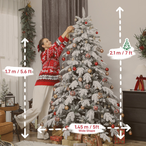 HOMCOM 7ft Super Flocked Christmas Tree - Green/White