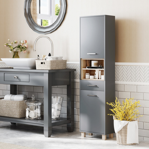 HOMCOM Tall Bathroom Storage Cabinet with MDF Triamine Board and Waterproof Sticker - Matte Grey