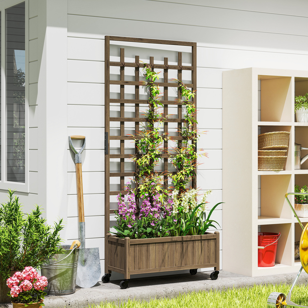 Outsunny Wooden Trellis Planter, Raised Garden Bed with Wheels, to Climb and Grow Vegetables, Herbs and Flowers, Brown