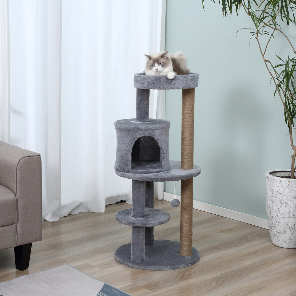 PawHut 104 cm Cat Tree, Cat Condo Tree Tower, Cat Activity Centre with Scratching Posts, Plush Perches, Hanging Ball - Grey