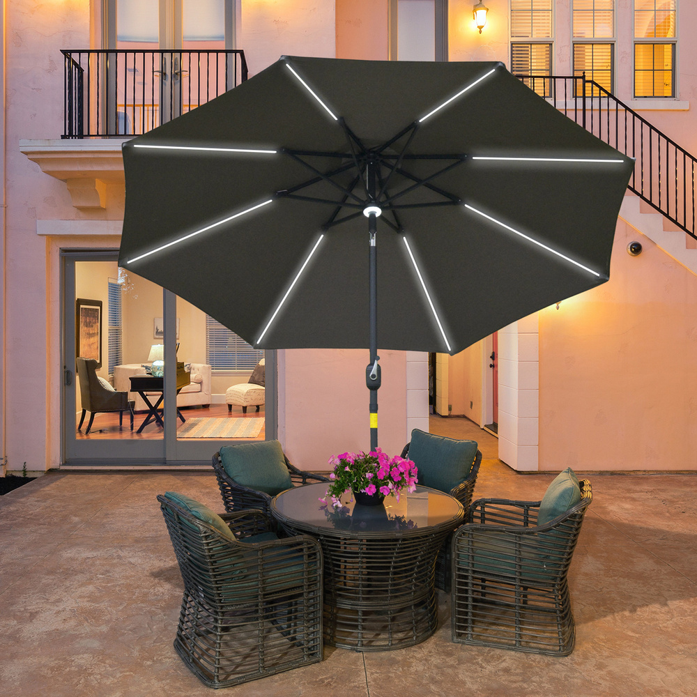 Outsunny 2.7m Garden Parasol Sun Umbrella w/ LED Solar Light Angled Canopy Grey