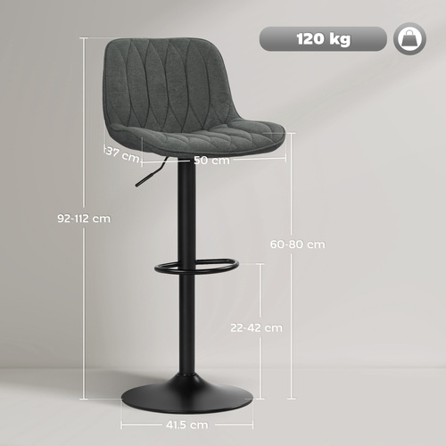 HOMCOM Set of Two Linen-Look Bar Stools - Charcoal Grey