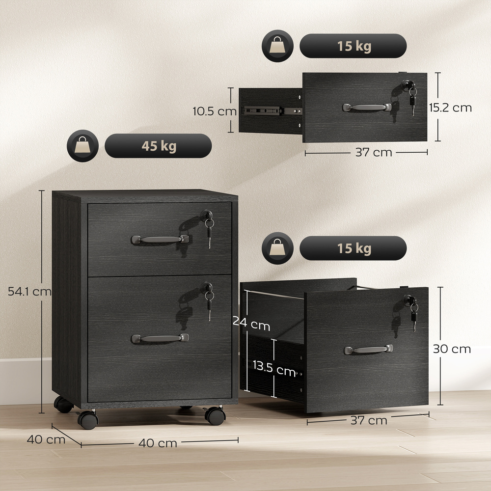 HOMCOM Rolling File Cabinet with 2 Drawers, Mobile Filing Cabinet with Hanging File Folder for Letter Sized Documents, Black