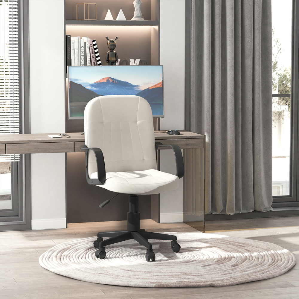 HOMCOM Desk Chair, PU Leather Computer Office Chair with Adjustable Height, Swivel Wheels for Home Work Study, Cream White